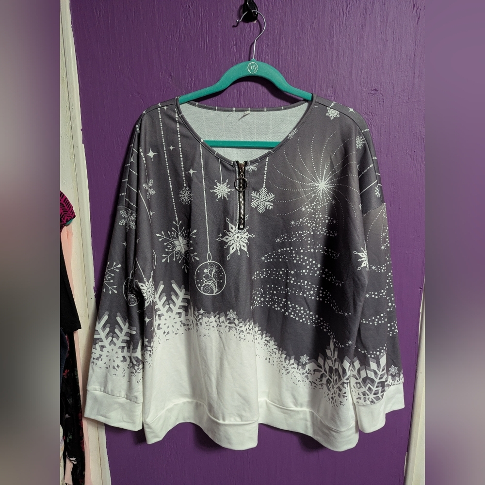 Grey White Snowflake Ornament Tree Print 1/4 Zipper Sweatshirt 3X 22 24
